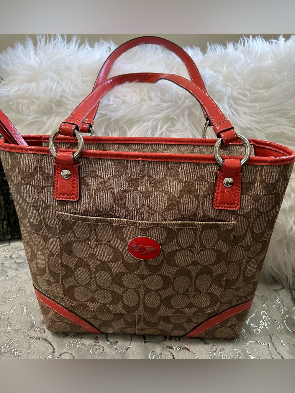 NWOT Coach Peyton Khaki and Orange Trim Signature Canvas Tote
